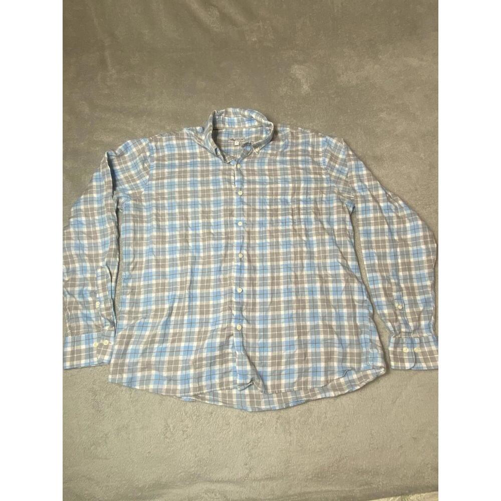 Peter Millar Men's Shirt Button Down Light Blue Gray Plaid XL 100% Cotton Office